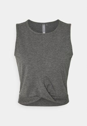Bezrękawnikowy ciemnoszary crop top z okrągłym dekoltem i przednim skrętem, wykonany z miękkiego, melanżowego materiału.