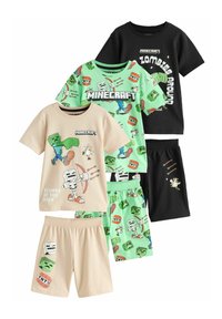 Vierdelige Minecraft-thema pyjama set bestaande uit katoenen t-shirts en shorts in zwart, mintgroen en beige, met cartoon-afbeeldingen en felle kleuren.