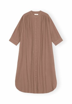 Brūna, garām piedurknēm kleita no mīkstas auduma, ar pogām priekšpusē, apaļu izgriezumu un savilkti elementi krūtīs un piedurknēs.