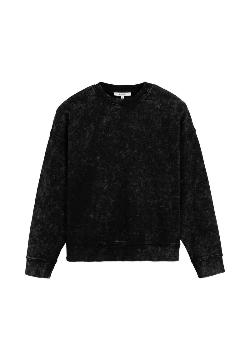 Sudadera negra cortada hecha de una tela texturizada. Presenta un escote redondo, hombros caídos y puños y dobladillo acanalados.