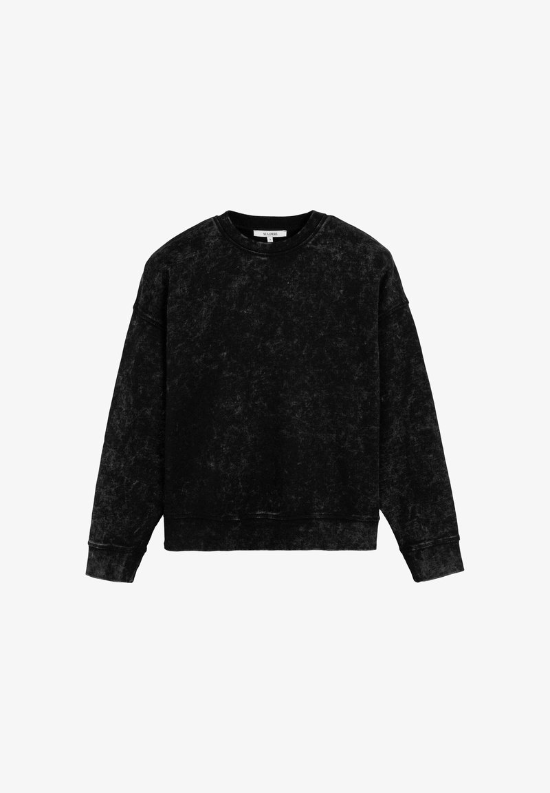 Zwarte, cropped sweatshirt van een gestructureerde stof. Heeft een ronde halslijn, verlaagde schouders en ribbels aan de mouwen en onderkant.