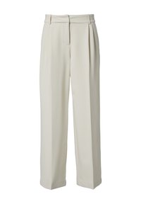 Beige Wide-Leg-Hosen mit einer glatten Textur, ausgestattet mit einem gefalteten Vorderteil, Gürtelschlaufen und zwei Seitentaschen. Hergestellt aus leichtem Stoff.