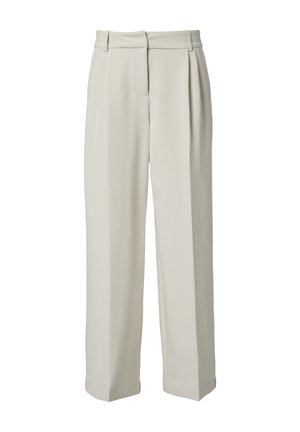 Pantaloni beige a gamba larga con una trama liscia, caratterizzati da una parte anteriore plissettata, passanti per cintura e due tasche laterali. Realizzati in tessuto leggero.