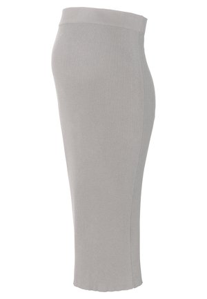 Grijze geribbelde gebreide kokerrok met een hoge tailleband, knielang, met een aansluitende pasvorm en een zachte textuur.