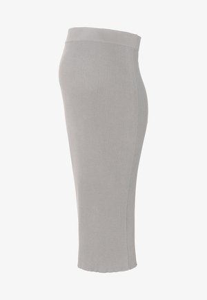 Grijze geribbelde gebreide kokerrok met een hoge tailleband, knielang, met een aansluitende pasvorm en een zachte textuur.