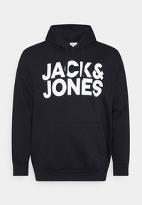 Schwarzer Hoodie aus Baumwollmischung, mit großem weißen "JACK & JONES" Schriftzug auf der Vorderseite, einer Fronttasche und einer verstellbaren Kapuze mit Kordelzug.