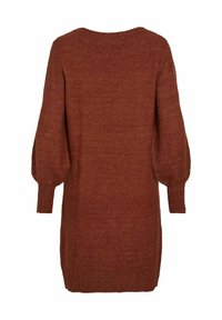 Robe pull en tricot marron à coupe décontractée, manches larges ballon et encolure arrondie. Texture douce et longueur moyenne.