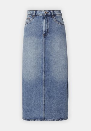 Τζιν μολυβιού σε μεσαία απόχρωση μπλε, με ψηλή μέση, ίσια γραμμή, μπροστινή ραφή και χωρίς ορατές διακοσμήσεις ή τσέπες.