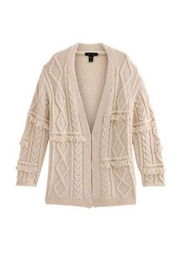 Beige gebreid vest met open voorkant, voorzien van textuurpatronen en franjes op de mouwen en zakken. Lange, losse pasvorm.