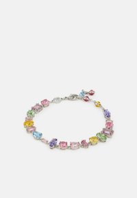 Multicolored bracelet featuring oval and rectangular faceted stones in pink, blue, green, yellow, and purple, set in silver-tone metal.