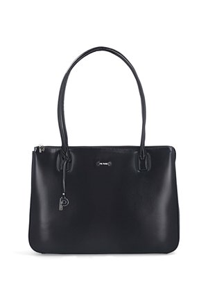 Schwarze Ledertasche mit glatter Oberfläche, Reißverschluss, zwei Griffen und einem kleinen dekorativen Metallakzent. Verfügt über ein minimalistisches Design.