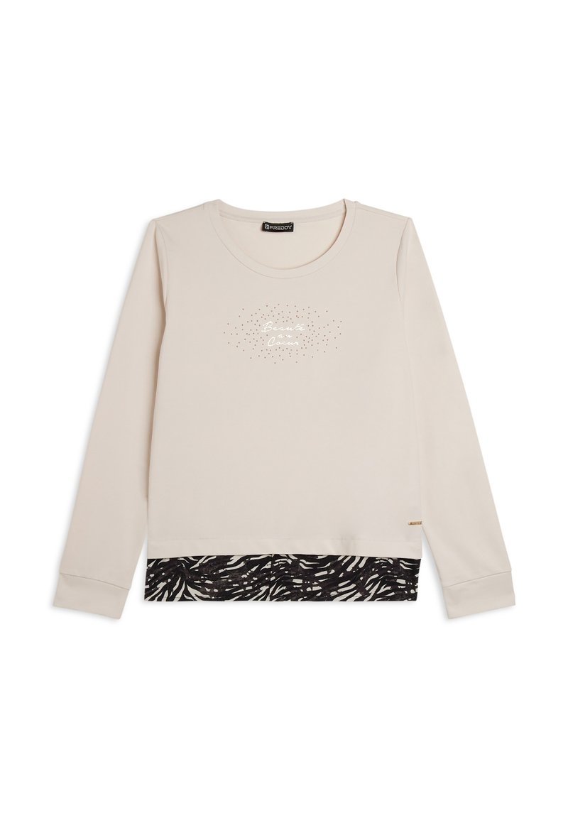 Felpa a maniche lunghe color beige chiaro con stampa argento, orlo a motivo nero e polsini a coste. Tessuto morbido in tutta la superficie.