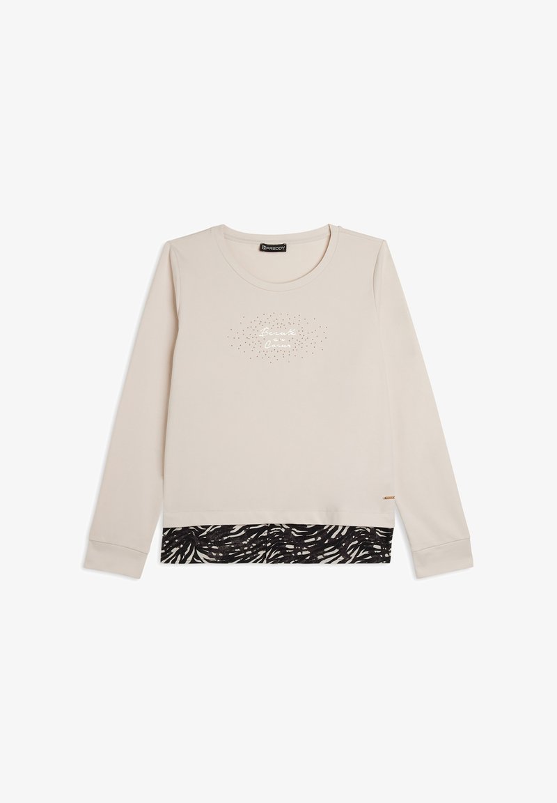 Felpa a maniche lunghe color beige chiaro con stampa argento, orlo a motivo nero e polsini a coste. Tessuto morbido in tutta la superficie.