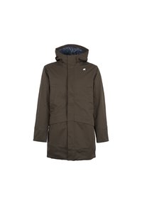 Giacca parka impermeabile marrone con cappuccio, dotata di chiusura con zip, due tasche frontali e logo sul petto. Fodera interna morbida.