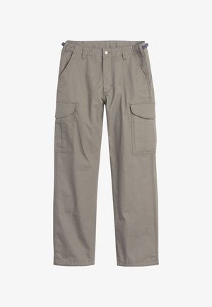 Spodnie cargo w jasnoszarym kolorze, z dwoma dużymi bocznymi kieszeniami, kieszeniami z przodu, z zapięciem na guzik oraz luźnym krojem.