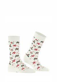 Weiße Baumwollsocken mit grünen und roten, festlichen Mustern, darunter Sterne und Stechpalme, gestaltet mit einem gerippten Bund.