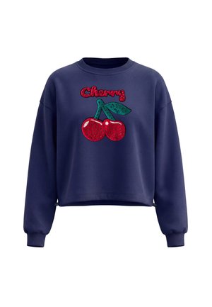 Mørkeblå sweatshirt med røde paliet kirsebær og grønne blade samt ordet "Cherry" i røde palietter over frugtdesignet.