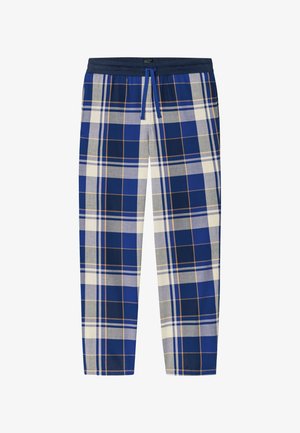 Pantalon de pyjama à carreaux bleu, blanc et gris avec ceinture élastique et cordon de serrage bleu, présenté sur un fond blanc.