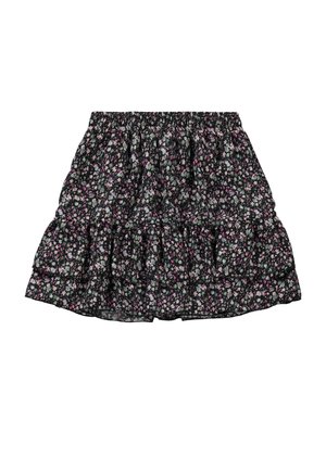 Zwarte bloemenrok met geplooide stof, gelaagde ruffels, kleine roze en groene bloemen, elastische tailleband en een zachte, lichte textuur.
