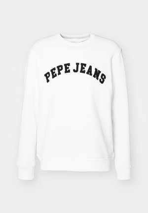 White sweatshirt made of cotton, features a round neckline, long sleeves, and "PEPE JEANS" printed in black across the front.