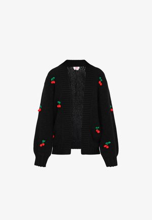 Schwarze Strickjacke mit offener Front, langen Ärmeln und Kirschstickerei in Rot und Grün. Strukturierter Stoff mit gerippten Saumdetails.