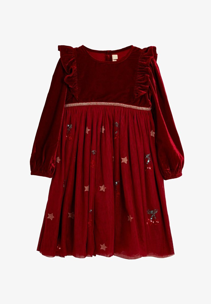 Rotes Samtkleid mit langen Ärmeln, Rüschenschultern, tailliertem Oberteil und einem ausgestellten Rock, der mit glitzernden Sternmustern verziert ist.