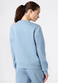 Felpa azzurra chiara con scollatura a girocollo, polsini e bordo a costine, e texture liscia. Il modello è mostrato di spalle.