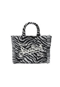 Sac fourre-tout à rayures zèbre noir et blanc avec des bords à franges, arborant un texte brodé "Rêvant du Paradis d'Hiver à Saint Barth".