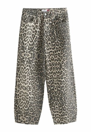 Leopardprint denim broek met een relaxte pasvorm. Bevat twee zakken aan de voorkant en een knoopsluiting. Voornamelijk beige met zwarte vlekken.