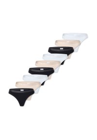 Tangas en tonos negro, blanco y nude, con una mezcla suave de algodón, cinturillas elásticas y un diseño minimalista. Juego de diez.