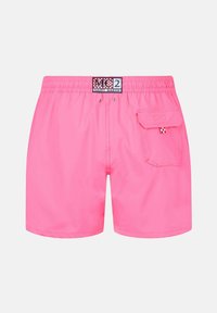 Pantaloni da nuoto rosa con vita elastica, chiusura frontale con bottone e tasca laterale con pattina. Realizzati in materiale leggero e morbido.