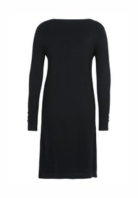 Abito a maglia nero con maniche lunghe, taglio dritto e dettagli con bottoni sulle maniche. Tessuto morbido, design fino al ginocchio.