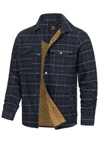 Veste en laine bleu foncé à carreaux avec poches poitrine boutonnées et doublure intérieure matelassée couleur camel, taille moyenne.