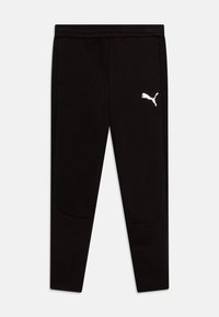 Pantalones de chándal negros hechos de una tela suave con un ajuste entallado, que cuentan con un logo blanco de Puma en el muslo izquierdo y bolsillos laterales.