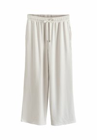 Pantalon large, léger, couleur crème avec des rayures verticales gris clair, taille élastique et cordon de serrage ajustable. Texture lisse.