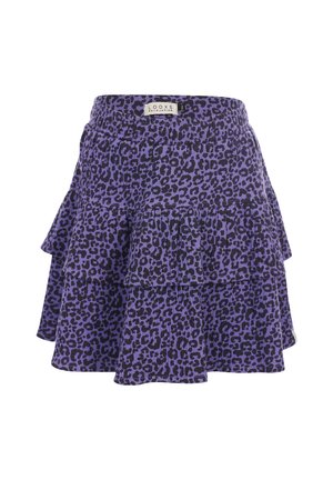 Paarse rok met ruches en zwart luipaardpatroon en elastische tailleband met label Looxs Revolution.