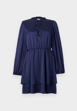 Tumesinine pikade varrukatega mini kleit elastse vöökohtadega, kihilise seeliku, volangkraega ja esise sidumise detailiga kerge kangaga.