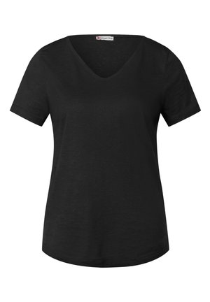 T-shirt nera con scollo a V, maniche corte, realizzata in tessuto morbido. Presenta un taglio classico e una texture sobria, adatta per un look informale.