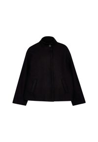 Veste en laine noire avec un col haut, fermeture à boutons sur le devant et deux poches latérales. Caractérisée par une silhouette épurée et structurée ainsi qu'une texture douce.