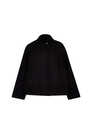 Black wool jacket with a high collar, front button closure, and two side pockets. Features a clean, structured silhouette and smooth texture.
