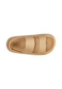 Beige schuifsandalen met een tekstuur bovenkant, twee brede banden en een gevormde voetbed. Lichtgewicht, gemaakt van flexibel, duurzaam materiaal.