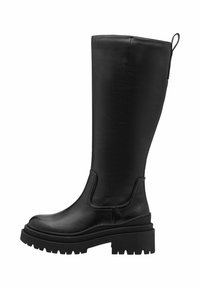 Knee-high black leather boots with a rounded toe, chunky black platform sole, and a pull tab at the top for easy wear.