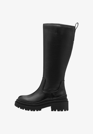 Knæhøje sorte læderstøvler med rund tå, chunky sort platformsål og en løkke i toppen for nem påtagning.