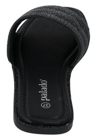 Infradito neri con una fascia in tessuto testurizzato, una soletta nera liscia e una suola piatta in gomma. Presenta il logo del marchio visibile sulla soletta.