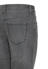 Vue arrière d'un jean en denim gris foncé montrant une seule poche arrière et des passants de ceinture sur la taille.