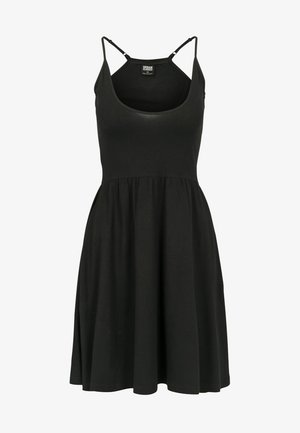 Fekete ujjatlan ruha, puha pamutból készült, szűkített felsőrésszel és bővülő szoknyával, vékony pántokkal és kerek nyakrésszel.