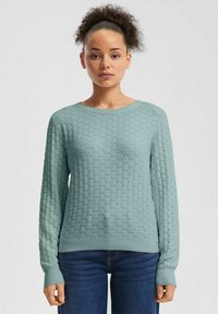 Licht turquoise trui met een honingraatstructuur, lange mouwen en een ronde halslijn. De stof heeft een zachte, gebreide uitstraling. Gecombineerd met een spijkerbroek.