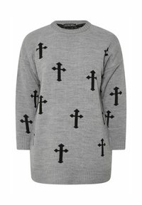 Gråstickad tröja med långa ärmar som har spridda svarta kors som ett upprepat mönster samt ribbade mudd och nederkant.