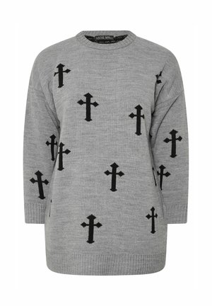 Pull en tricot gris à manches longues avec des croix noires éparpillées en motif répétitif et des poignets et un ourlet côtelés.