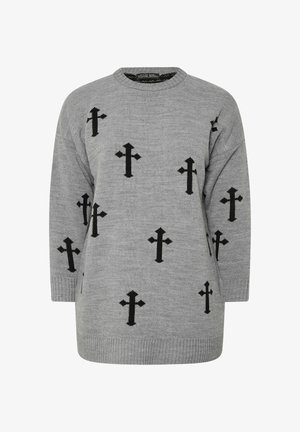 Suéter gris de punto con mangas largas que presenta cruces negras dispersas como un patrón repetido y puños y dobladillo acanalados.